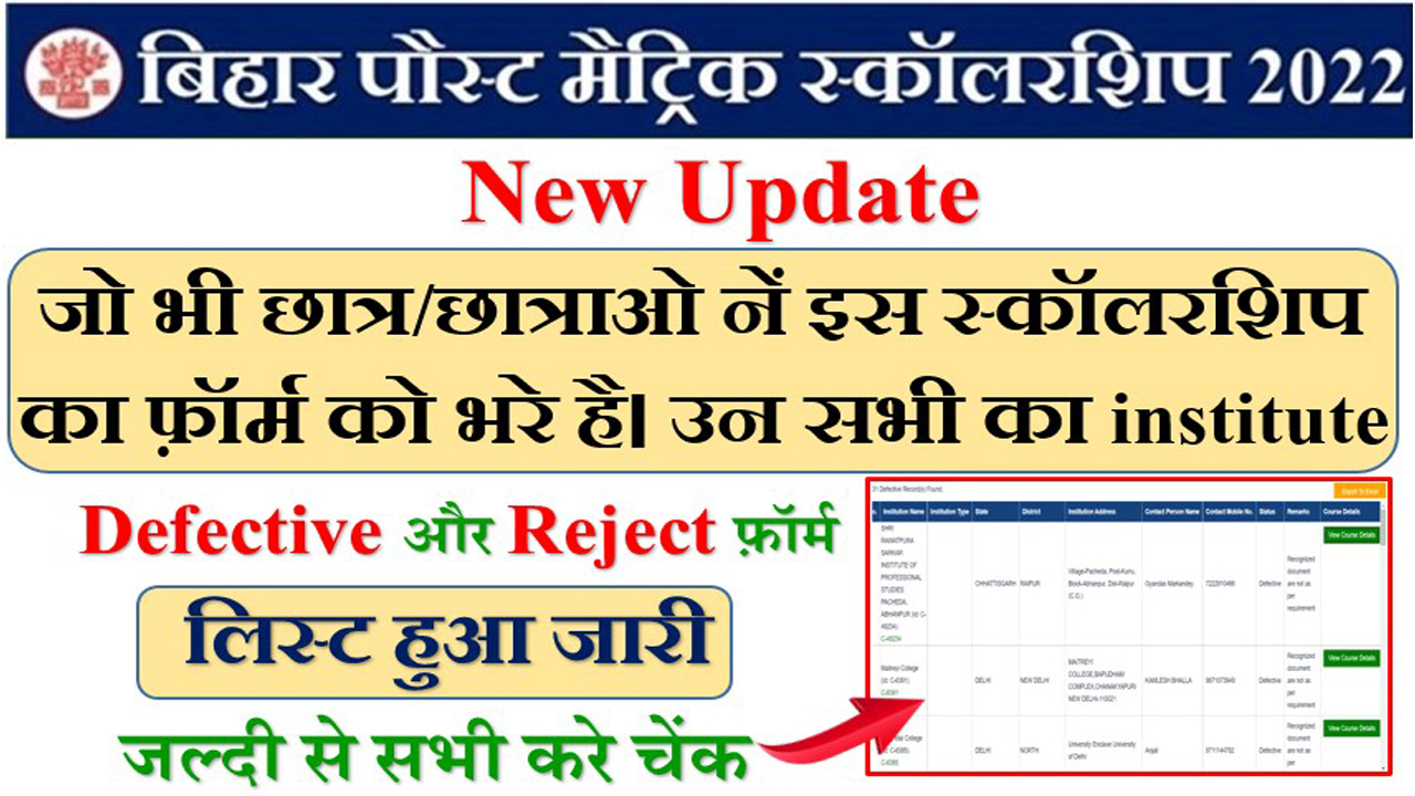 Bihar post matric scholarship form insititute defective list out