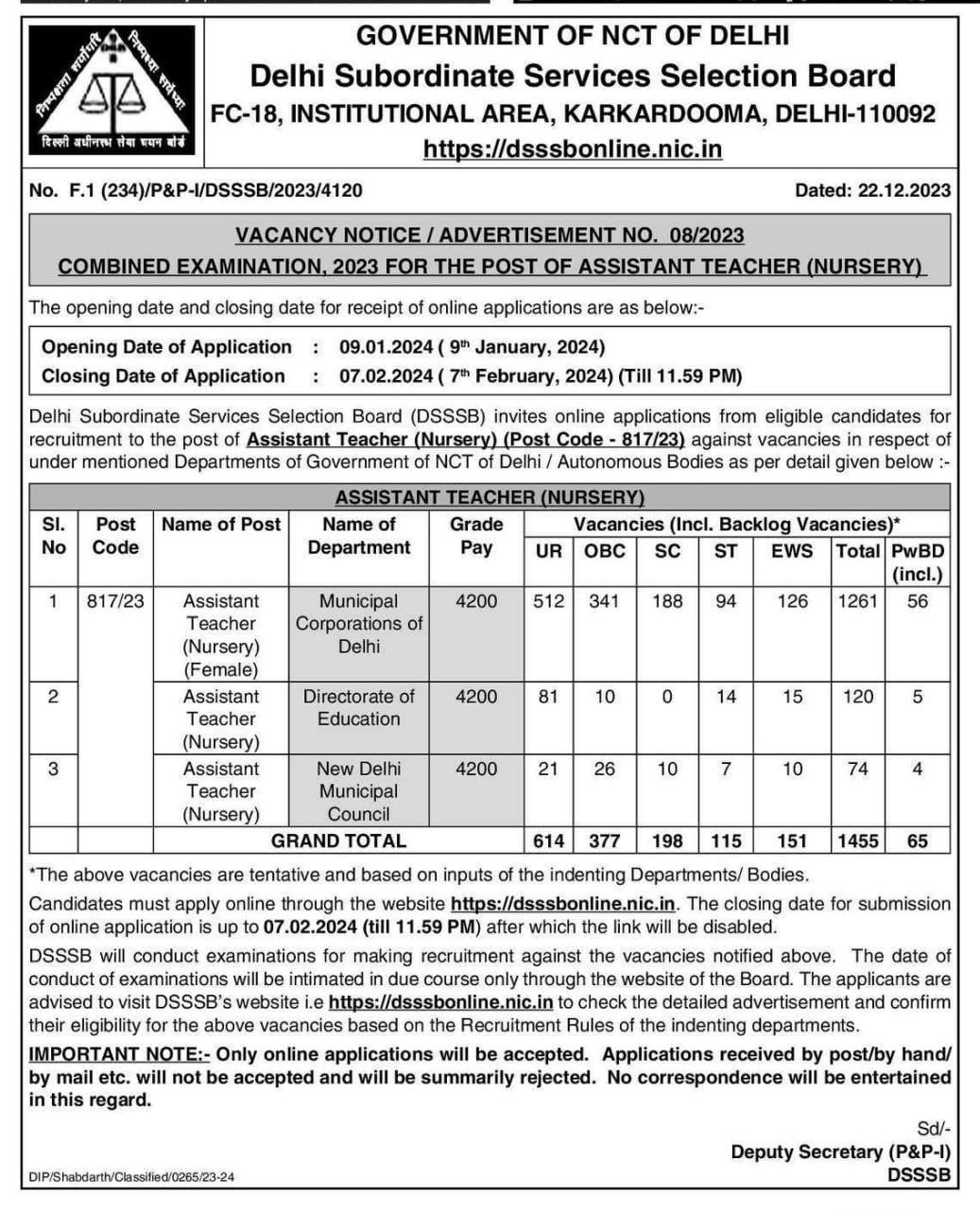 DSSSB Teacher Vacancy 